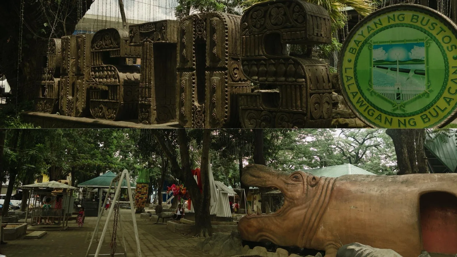 Original student photograph of the Bustos Heritage Park entrance signage, sculptures and shaded grounds in Bulacan