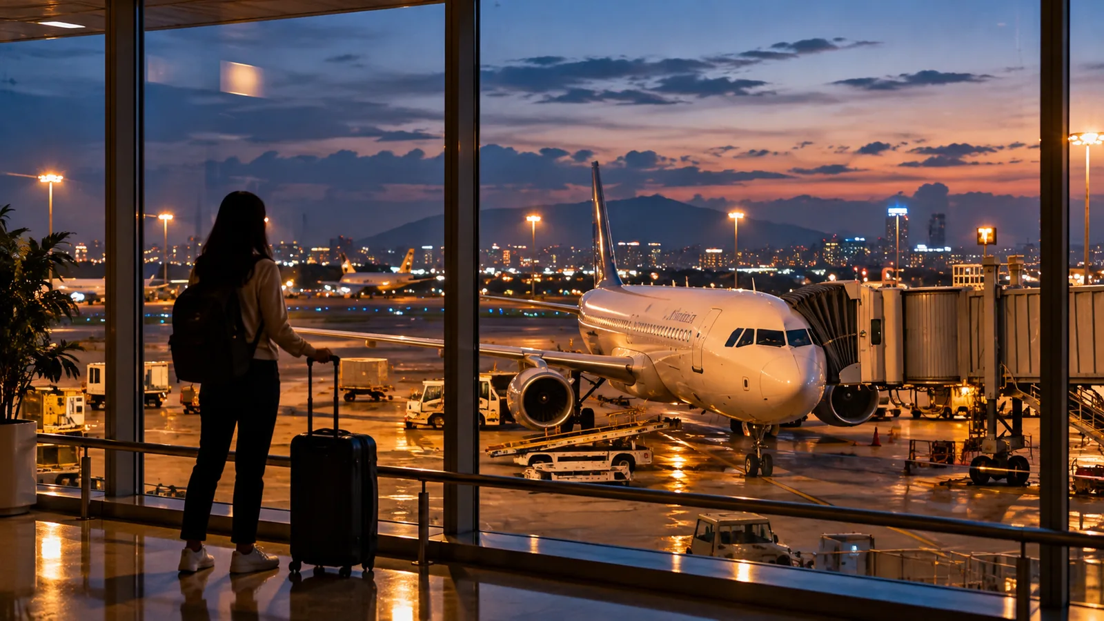 Illustrated traveler with a suitcase watching a passenger aircraft at an airport during an evening departure