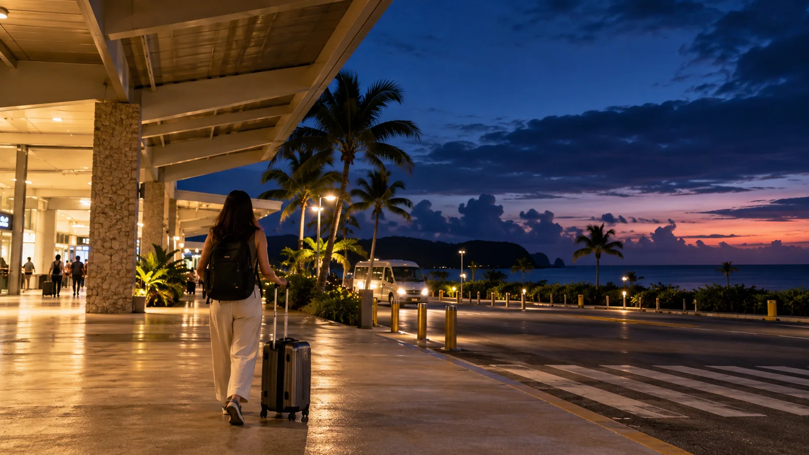 Illustrated traveler with suitcase outside a tropical airport at dusk; not an actual Saipan airport photo