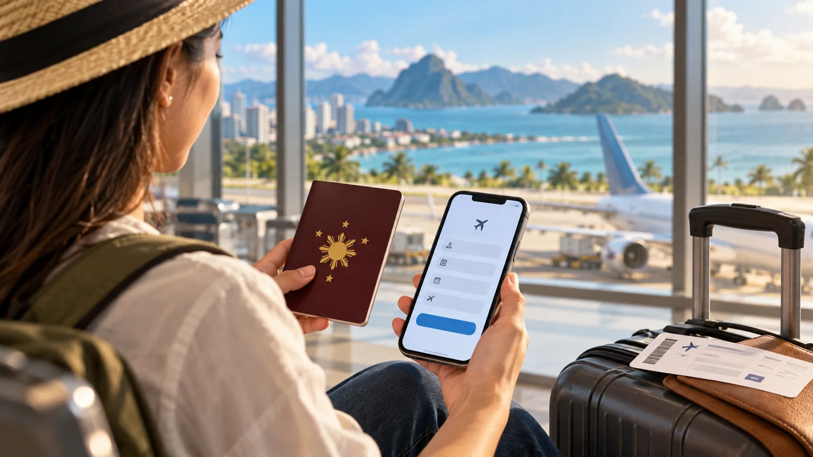 Editorial illustration of a traveler reviewing passport and phone-based travel preparations at an airport