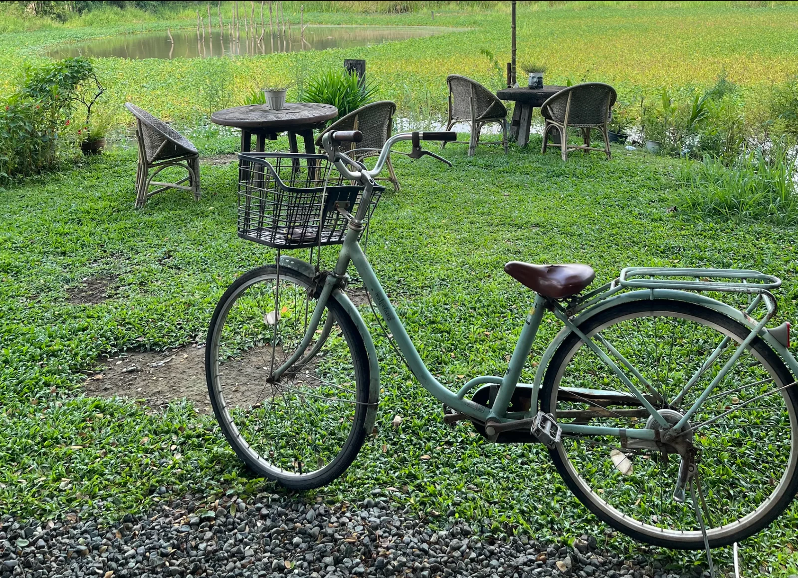 Vintage-style bicycle beside outdoor furniture facing rice fields at Pulong Kabyawan