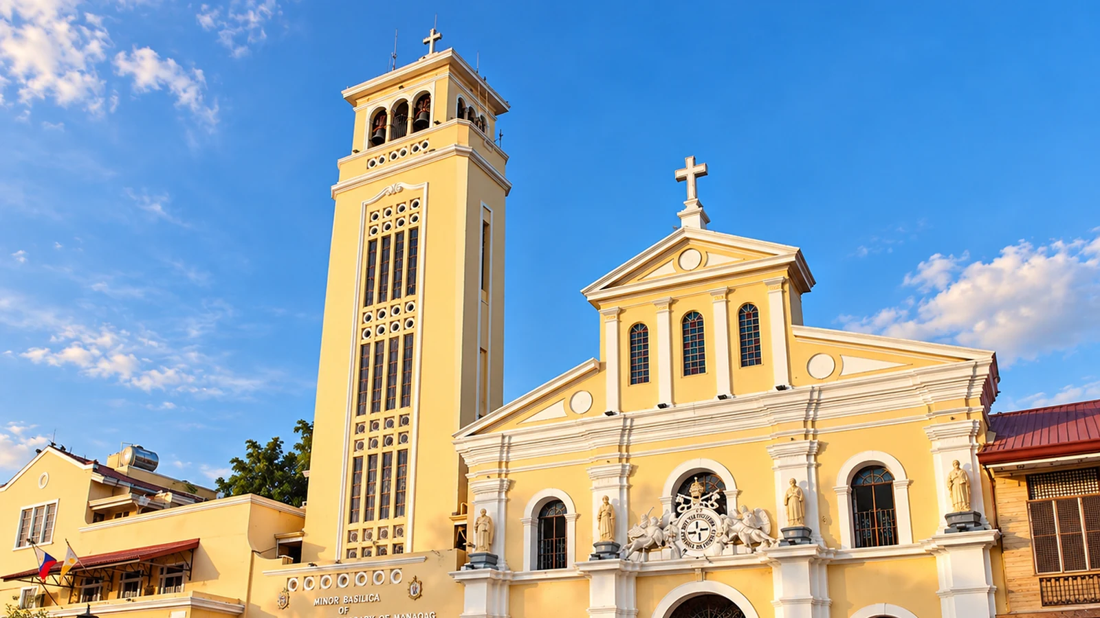 Our Lady of Manaoag pilgrimage planning illustration with a symbolic cross and visitor checklist