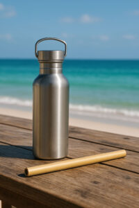 sustainable summer getaway – reusable bottle and straw on a beach table