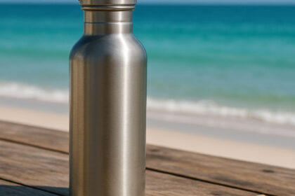 sustainable summer getaway – reusable bottle and straw on a beach table