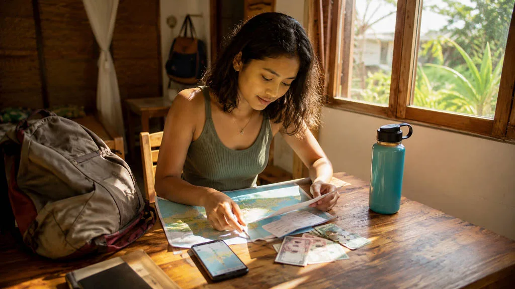 budget travel tips Philippines planning table with ferry ticket and backpack