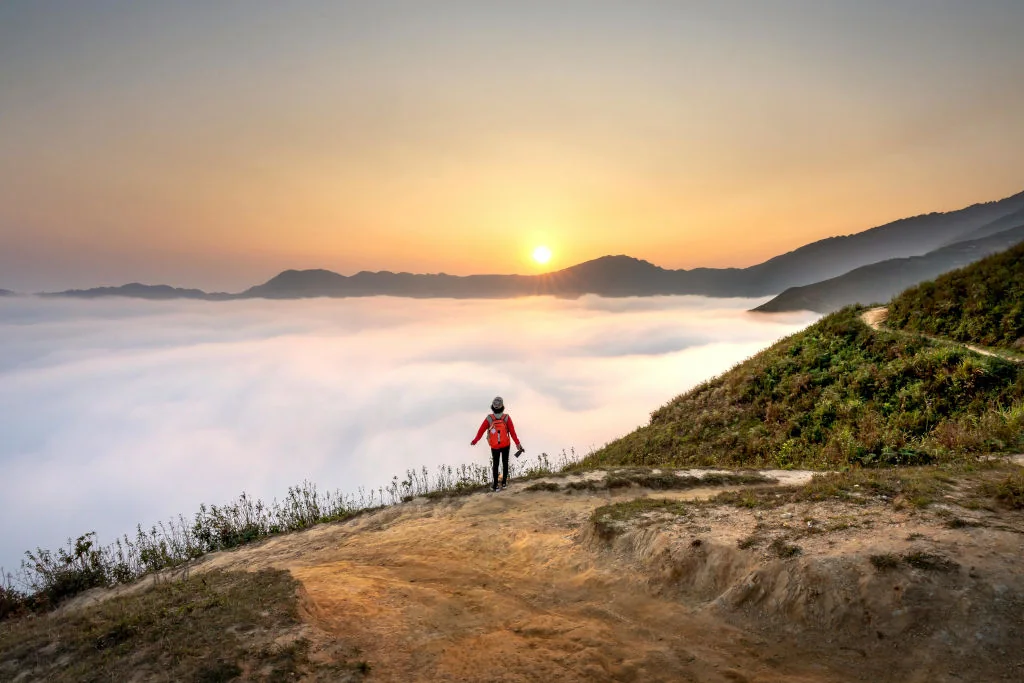 peaceful morning walk along a mountain trail