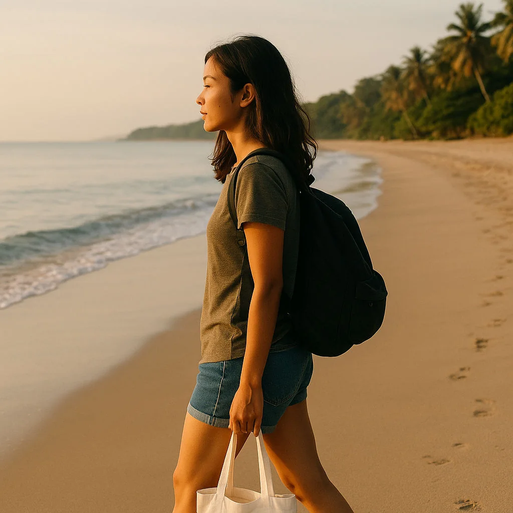 Beach walk highlighting sustainable travel practices