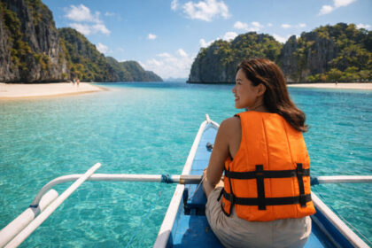 Beginner-friendly adventure travel Philippines boat approach to a calm lagoon