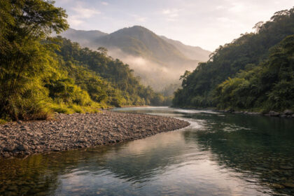 Calm river-and-ridge morning scene for an Antique travel guide