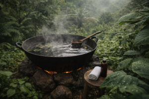 Tibiao kawa bath wellness scene for an Antique travel guide