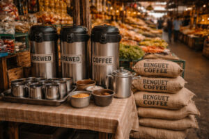Market-side coffee stall in Baguio selling brewed coffee and Benguet beans
