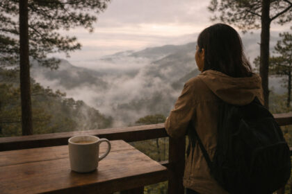 Pine-framed Baguio café balcony with coffee and foggy mountain view