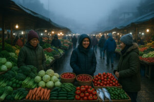 Baguio Public Market scene during Filipino market mornings with vegetables and strawberries