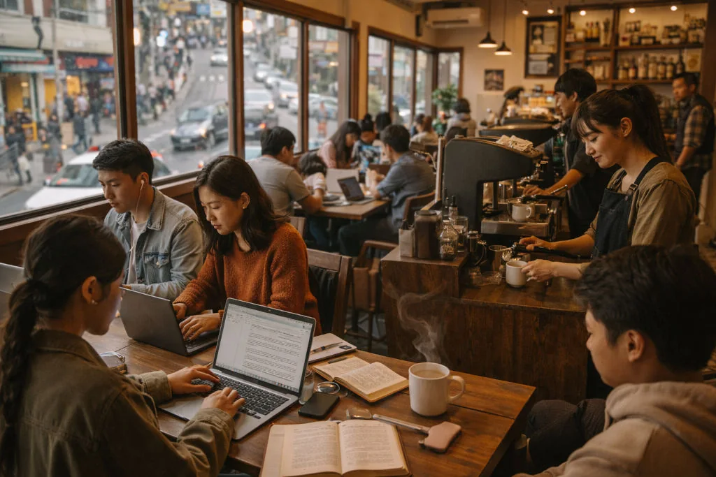 Baguio coffee guide: Session Road café in Baguio with students studying and barista making coffee