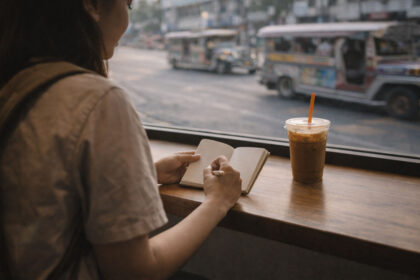 Bakasyon in English shown through a calm Manila café vacation moment