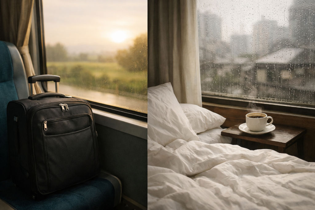 Calm comparison of bakasyon vs staycation choices in a split-scene travel photo