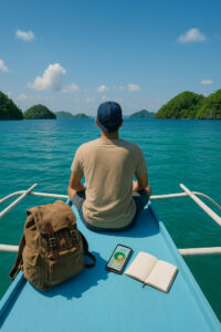 Traveler on a bangka tracking their Philippines travel budget examples