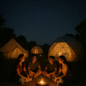 Barkada sharing stories around a firepit at a glamping site near Manila