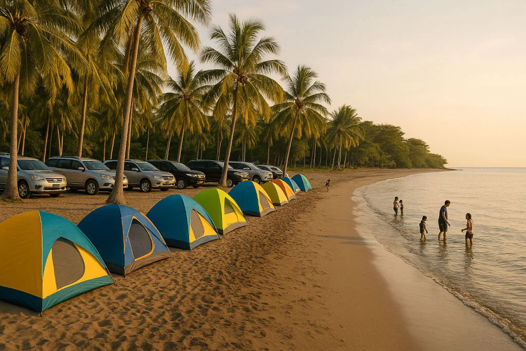 Batangas beachfront campsite with tents and cars for Luzon beach camping