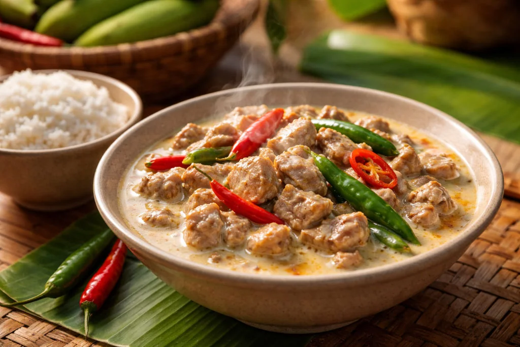 Bicol spice stories featured image of steaming Bicol Express with chilies and rice