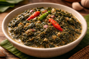 Bicol spice stories close-up of laing pinangat in thick gata with chilies