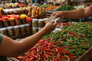 Bicol spice stories palengke scene with fresh sili and bottled chili condiments