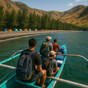 Boat arriving at Zambales cove for Luzon beach camping weekend