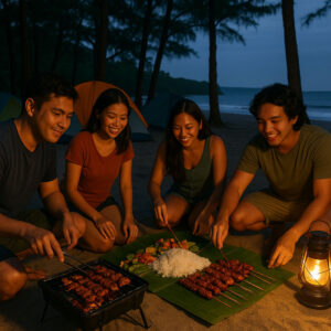 Friends cooking ihaw and boodle fight during Luzon beach camping
