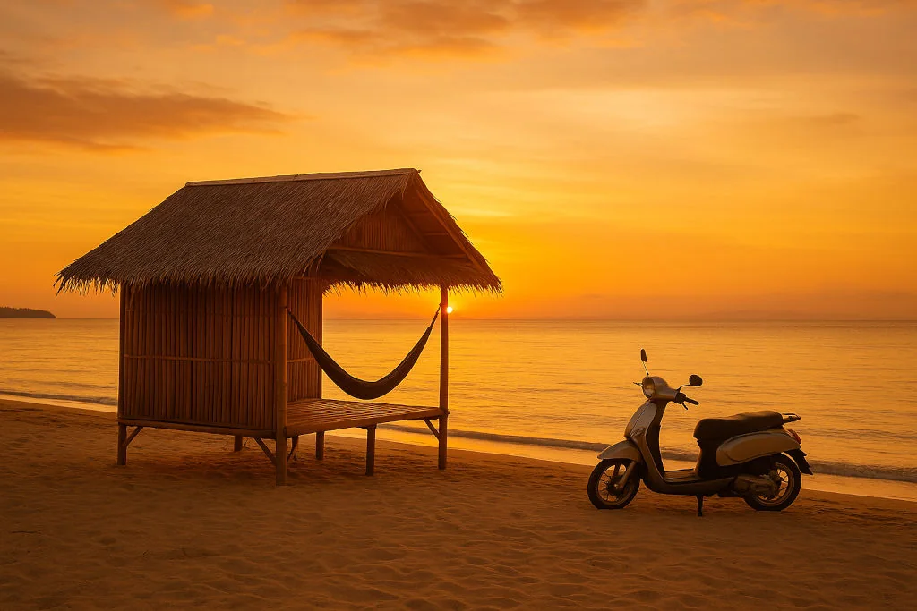 Simple beachfront hut at sunset representing a budget stay in the Philippines