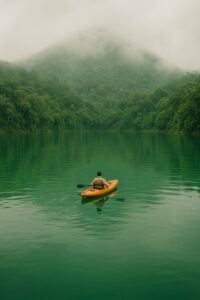 Kayak on Bulusan Lake in emerald water for Sorsogon travel guide