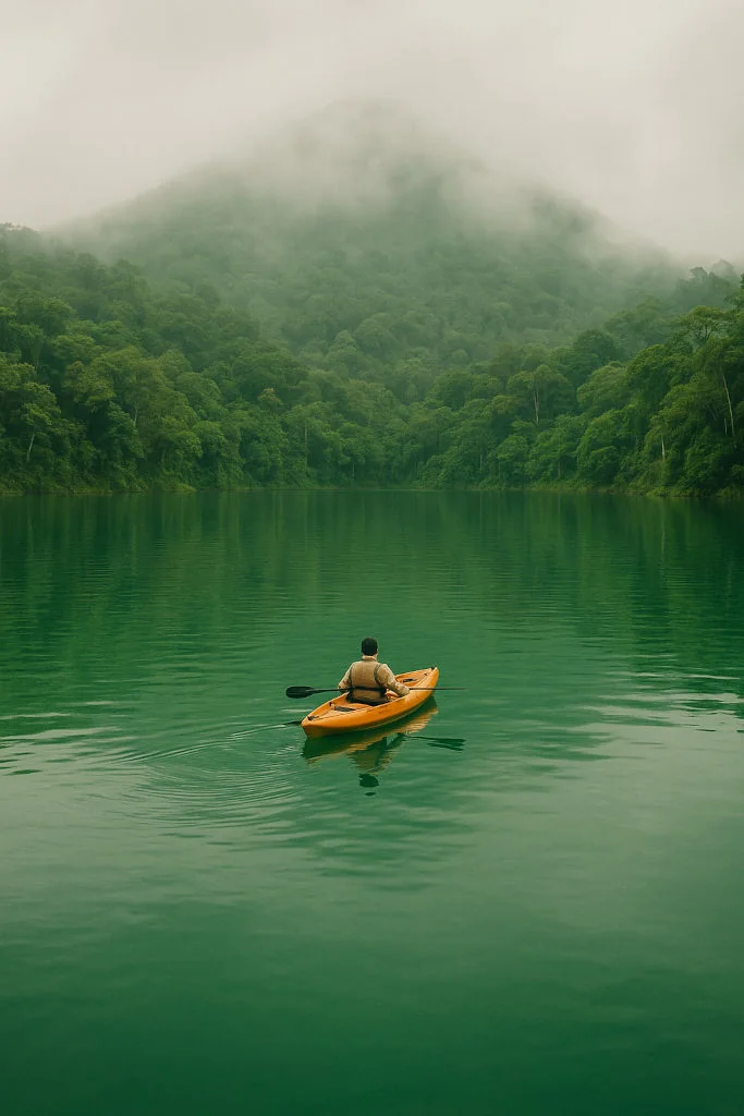Kayak on Bulusan Lake in emerald water for Sorsogon travel guide