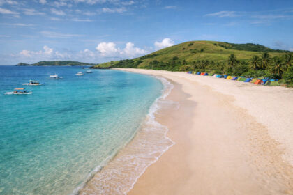 Calaguas island travel cover view of Mahabang Buhangin long beach with tents and bangkas