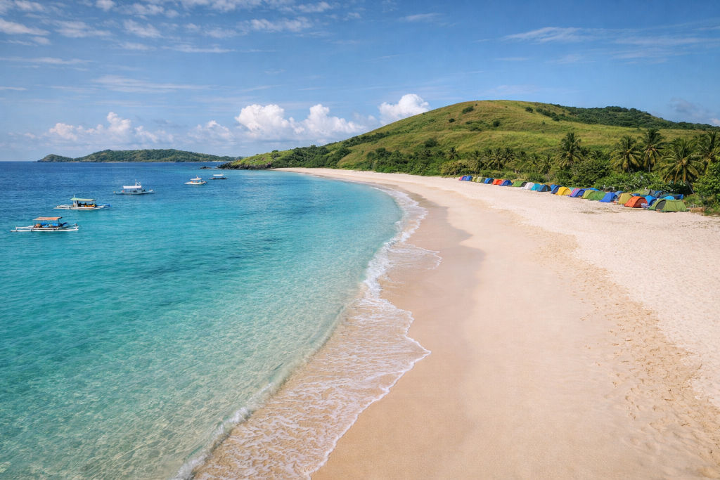 Calaguas island travel cover view of Mahabang Buhangin long beach with tents and bangkas