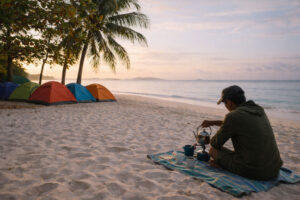 Calaguas island travel morning camping scene with tents and coffee by the shore