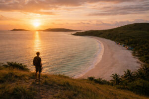 Calaguas island travel sunset viewpoint over Mahabang Buhangin and quiet horizons