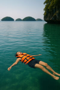 Gentle swimmer floating in a quiet cove on Hundred Islands escapes