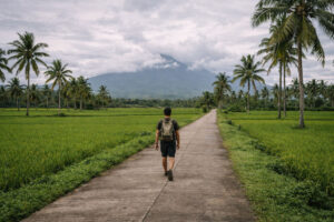 Quiet countryside road with rice fields and Mount Isarog for Camarines Sur travel guide