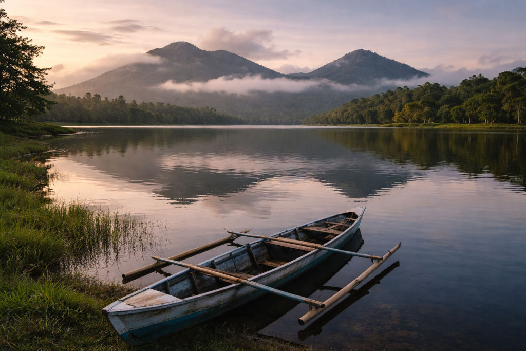 Dawn on a quiet Camarines Sur lake with banca and mountains for Camarines Sur travel guide