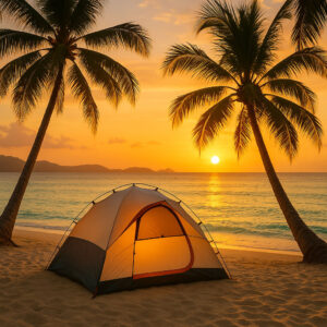 Dome tent on a beach at sunset for camping in the Philippines