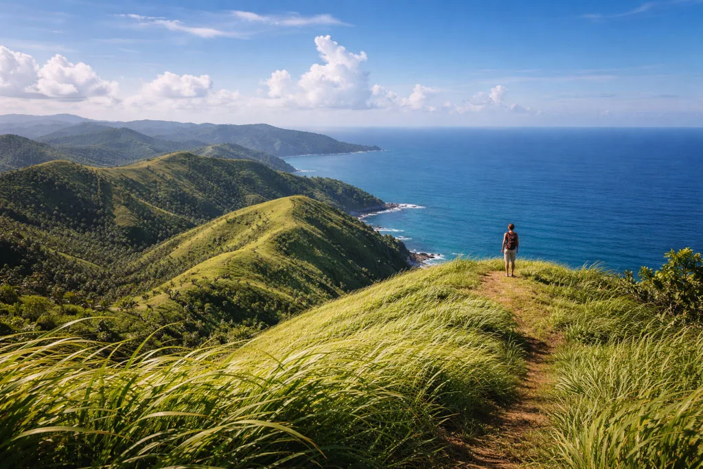 Catanduanes travel guide cover with rolling green hills and Pacific horizon in the wind