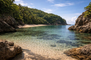 Catanduanes travel guide quiet cove with clear shallows and rock formations