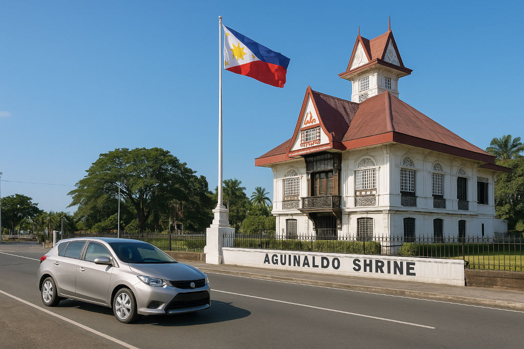 Car parked by Aguinaldo Shrine at the start of a Cavite heritage road trip
