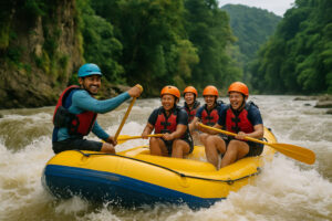 Rafting guide steering raft through rapid in Cagayan de Oro River