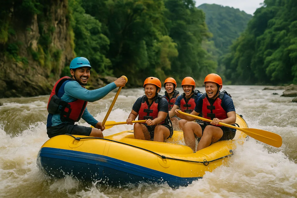 Rafting guide steering raft through rapid in Cagayan de Oro River