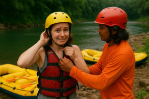 Solo traveler preparing for CDO river adventures with guide assistance