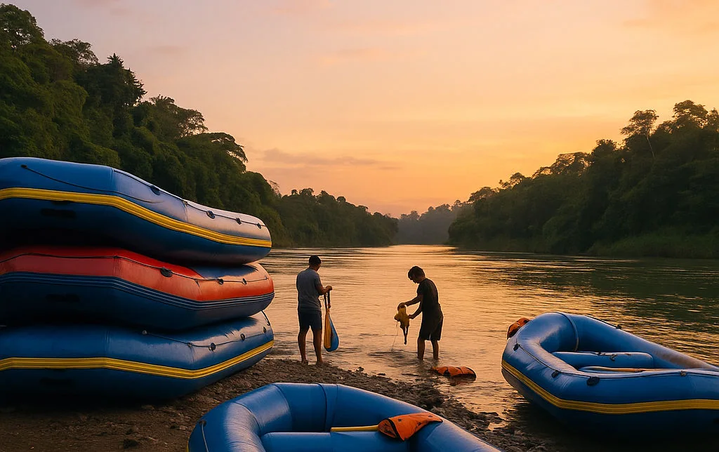 Rafts stacked by the Cagayan de Oro River at sunset after a day of adventures