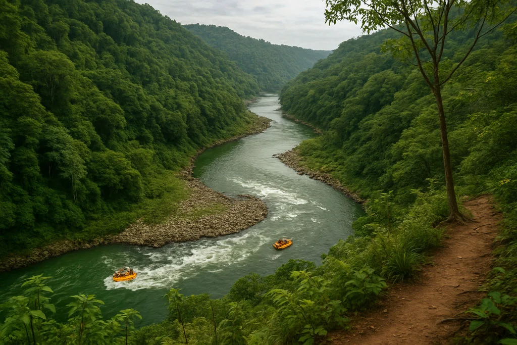 View from trail overlooking Cagayan de Oro River and rafting boats