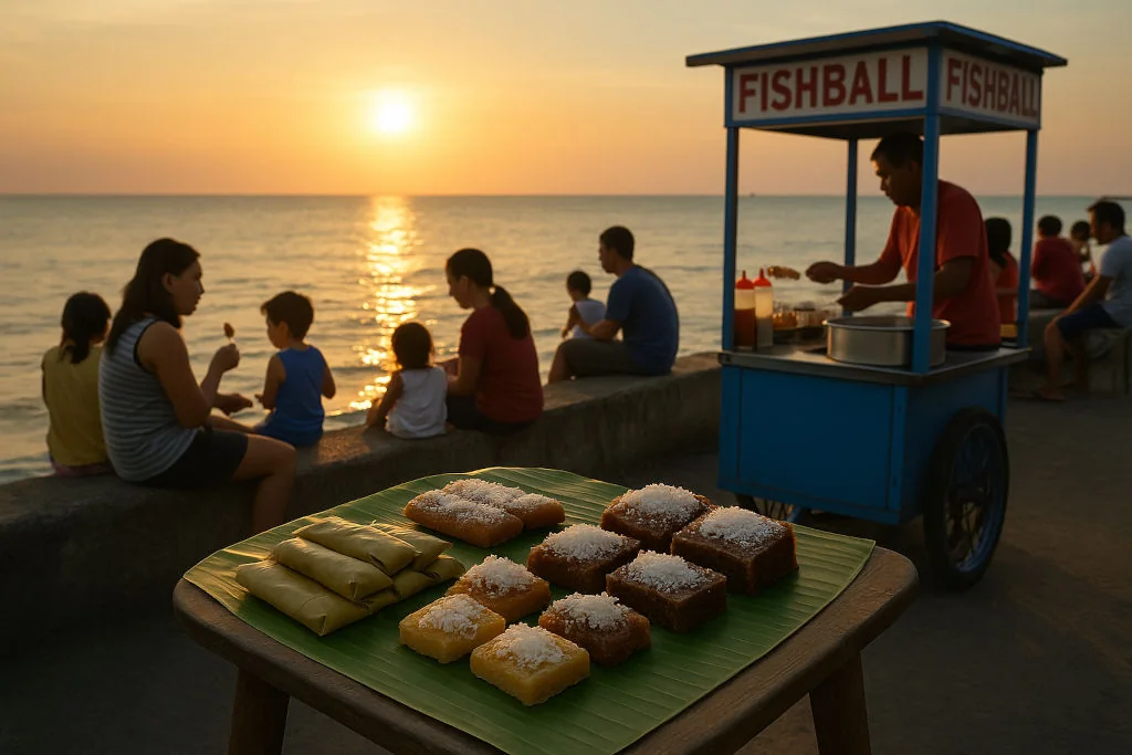 Coastal merienda stories scene with snacks and families by the sea