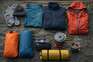 Cordillera camping Philippines gear flat-lay with layers, sleeping pad, headlamp, and stove