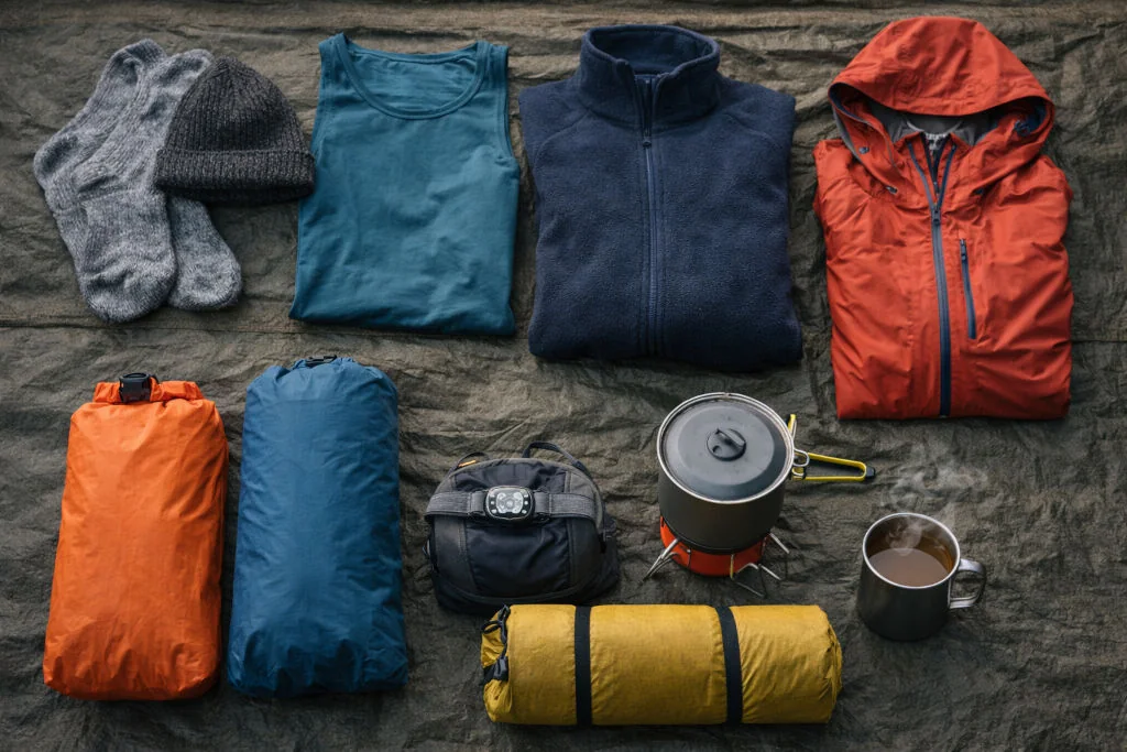 Cordillera camping Philippines gear flat-lay with layers, sleeping pad, headlamp, and stove